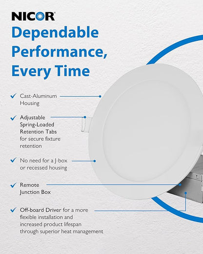 LED Downlight - Ultra-Thin 6 inch LED Recessed Light with Junction Box - 3000K, 902 Lumens, 11.8W, 120V, Dimmable LED Lights - REL6 Edge-Lit LED Ceiling Light, White by NICOR Lighting