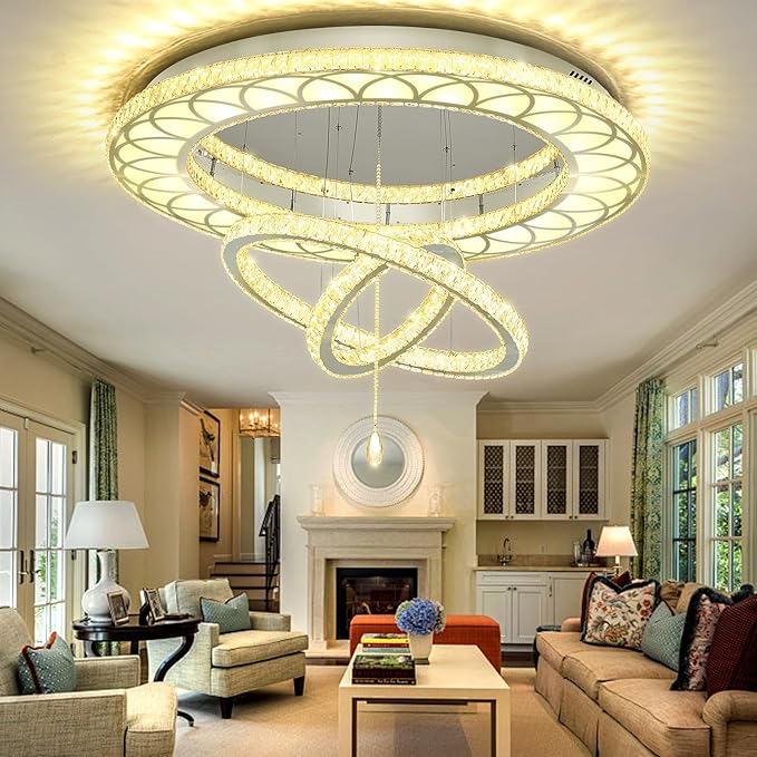 Flashing God W40 Crystal Chandelier for Living Room Modern Flush Mount Chandelier Large Chandelier for Foyer Dining Room Hallway Dimmable 2700k 4500k 6000k