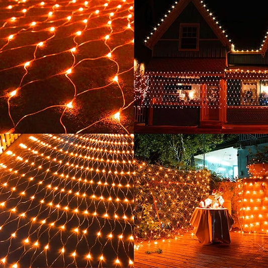 WATERGLIDE Outdoor Halloween Net Lights, 12FT x 5FT 360 LED Fairy String Light with 8 Lighting Modes, Connectable Light Safe Adaptor for Garden Tree, Bushes, Holiday Wedding Party Decorations, Orange