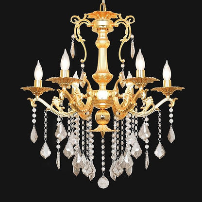 Luxury Gold Crystal Chandelier, 24" Vintage K9 Crystal Pendant Light with 6 Lights, Antique Brass Finish Ceiling Light Fixture with Scrolled Arms for Dining Room Living Room Foyer Villa Hotel