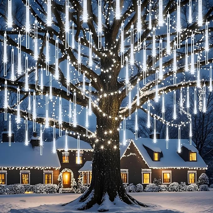 Adecorty Christmas Lights Outdoor, Meteor Shower Light 8 Tubes 192LED UL Certified Snow Falling Rain Cascading Icicle Lights for Xmas Tree Christmas Decorations Outdoor Wedding Party Window, White