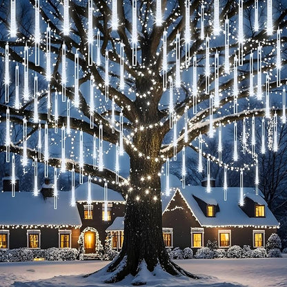 Adecorty Christmas Lights Outdoor, Meteor Shower Light 8 Tubes 192LED UL Certified Snow Falling Rain Cascading Icicle Lights for Xmas Tree Christmas Decorations Outdoor Wedding Party Window, White