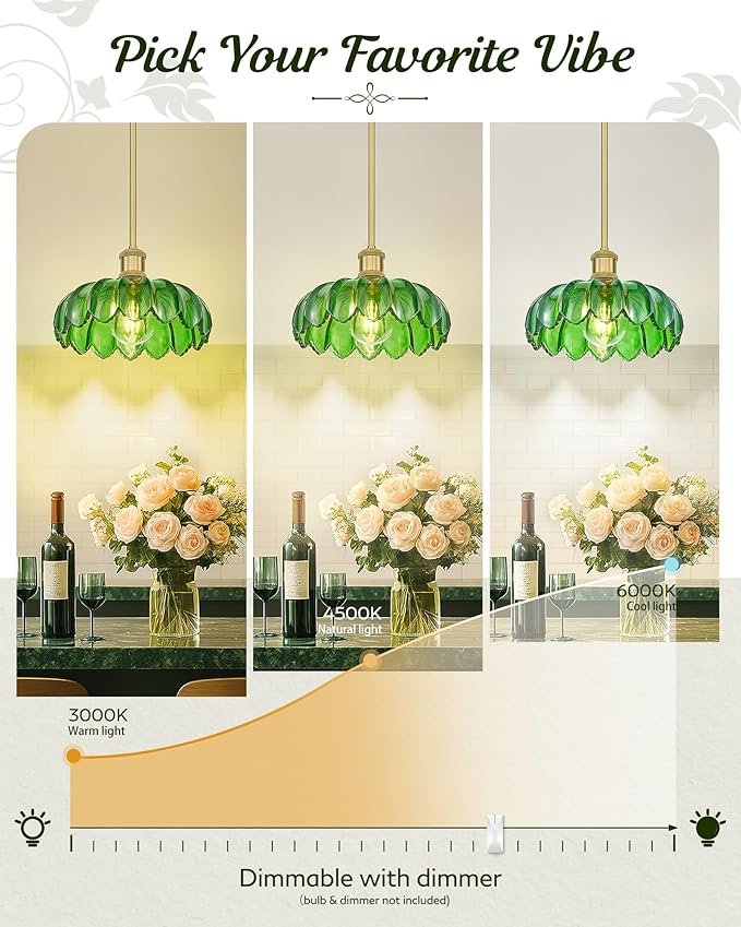 FEMILA 10.4" Gold Pendant Light, Vintage Pendant Lighting with Flower Green Glass, Pendant Light for Kitchen Island Bedroom Hotel Living Room, 4FJX82MIL BG-G