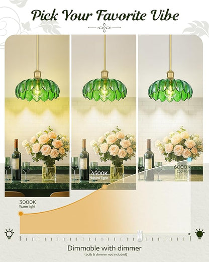 FEMILA 10.4" Gold Pendant Light, Vintage Pendant Lighting with Flower Green Glass, Pendant Light for Kitchen Island Bedroom Hotel Living Room, 4FJX82MIL BG-G