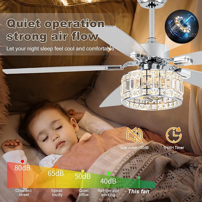 Chandelier Ceiling Fans with Lights and Remote,Caged Ceiling Fan with Light,App 5 Blades E26 Fandelier Ceiling Fans with Lights,Crystal Ceiling Fan for Bedroom,Living Room. (Nickel, 52 Inch)