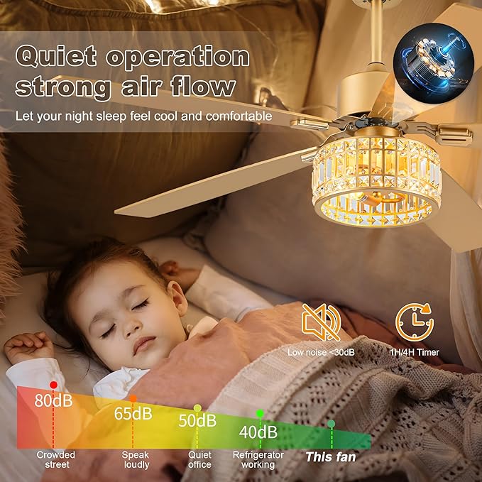 Chandelier Ceiling Fans with Lights and Remote,Caged Ceiling Fan with Light,App 5 Blades E26 Fandelier Ceiling Fans with Lights,Crystal Ceiling Fan for Bedroom,Living Room. (Gold, 60 Inch)