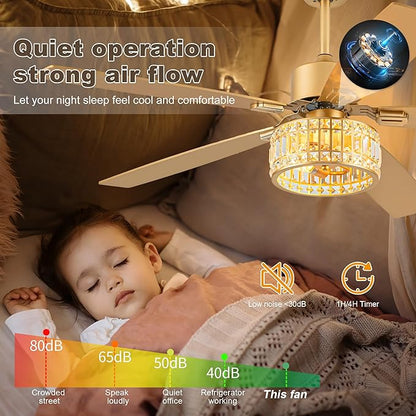Chandelier Ceiling Fans with Lights and Remote,Caged Ceiling Fan with Light,App 5 Blades E26 Fandelier Ceiling Fans with Lights,Crystal Ceiling Fan for Bedroom,Living Room. (Gold, 60 Inch)