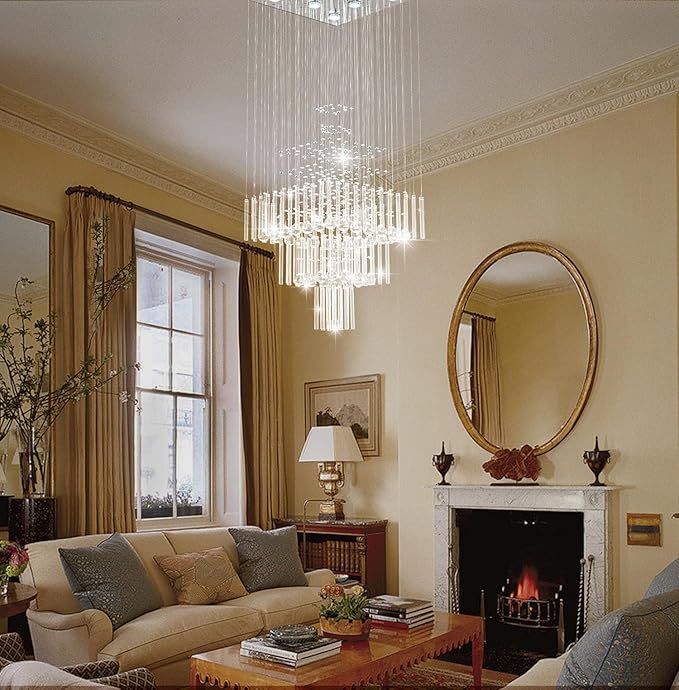 Crystal Chandelier Modern Chandelier Modern 8 Lights Square Chandelier Light Luxury 3 Tier Crystal Raindrop Chandeliers Flush Mount Ceiling Light Pendant for Foyer Modern Chandeliers for Entryway