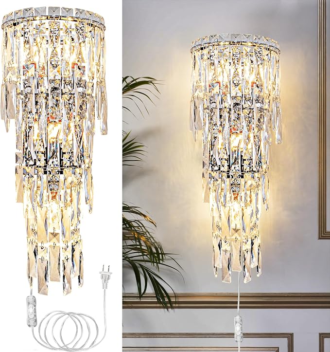 Crystal Wall Light Fixtures,Plug in Wall Sconces Luxury Chrome Wall Lamp,K9 Acrylic Crystal Drops Wall Lamp,Elegant Wall Lighting for Bedroom Bathroom Hallway Living Room Mirror Bedside
