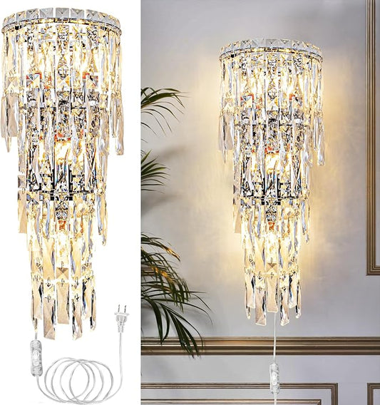 Crystal Wall Light Fixtures,Plug in Wall Sconces Luxury Chrome Wall Lamp,K9 Acrylic Crystal Drops Wall Lamp,Elegant Wall Lighting for Bedroom Bathroom Hallway Living Room Mirror Bedside