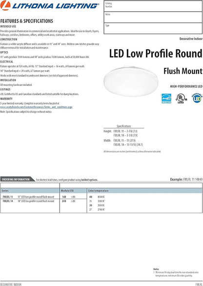 Lithonia Lighting FMLRL 11 14830 M4 11-Inch 3000K LED Low Profile Round Flush Mount
