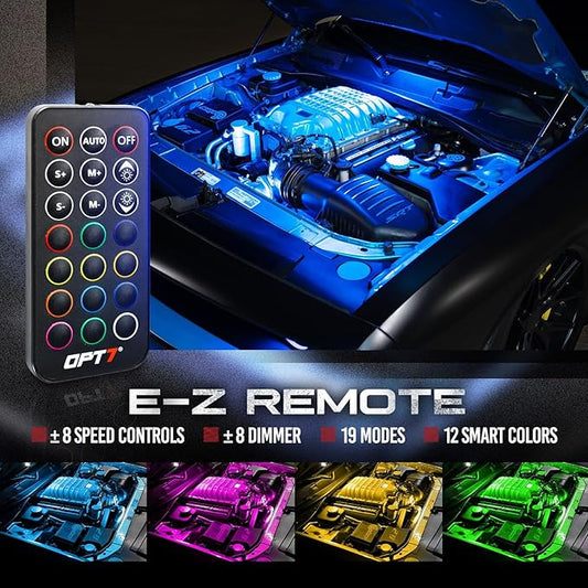 OPT7 Aura Engine Bay RGB Light Kit with Remote Control, 4 pc 24" Waterproof Underhood LED Strips, Multi Color Mode, Exterior Neon Accent Glow Lights for Truck F150 Tacoma Tundra 4Runner Dodge Durango