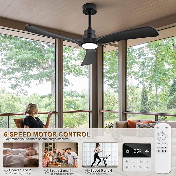 Black Ceiling Fan with Light,52 inch Solid Wood Ceiling Fan, Remote Control,Wall Switch,Dimmable,Reversible Quiet DC Motor,Power Off Memory Modern Ceiling Fans for Bedroom Patio Indoor/Outdoor