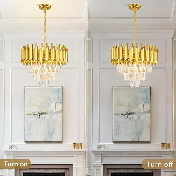 Modern 16-inch Gold Crystal Chandelier, 3-Tier Dimmable Ceiling Pendant Light with Adjustable Chain, Round Flush Mount for Dining Room, Living Room, Bedroom, Kitchen, Foyer