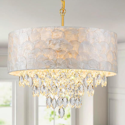 4-Light Drum Capiz Shell K9 Crystal Chandelier, Coastal Style Pendant Light Fixture for Dining Room, Living Room, D17.7 x H21~68 inch (Adjustable), Clear Crystal & Brass Finish