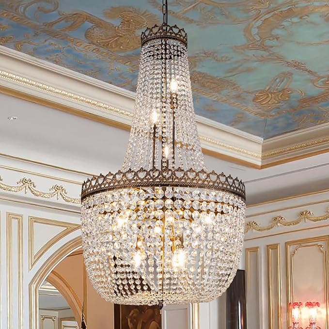 Wellmet Crystal Chandelier Lights, 12 Lights French Empire Chandelier Lighting High Ceiling Hanging Pendant Light Fixture for Dining Living Room Foyer Kitchen Bedroom, Antique Bronze 25.38'' W