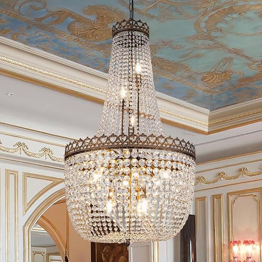 Wellmet Crystal Chandelier Lights, 12 Lights French Empire Chandelier Lighting High Ceiling Hanging Pendant Light Fixture for Dining Living Room Foyer Kitchen Bedroom, Antique Bronze 25.38'' W