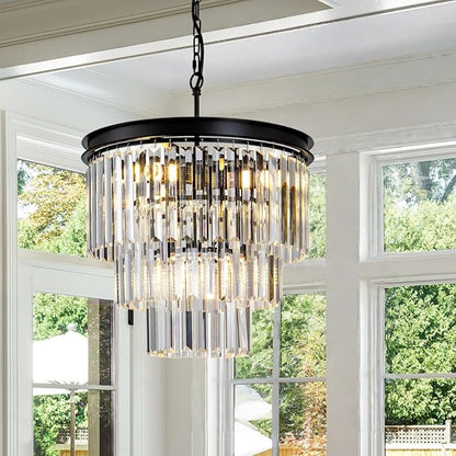 Crystal Chandelier 15.8" Modern K9 Crystal Hanging Pendant Lights 6-Lights Black 3-Tier Luxury Crystal Dining Room Light Fixture for Living Room Bedroom Kitchen Island Entryway Foyer Stair