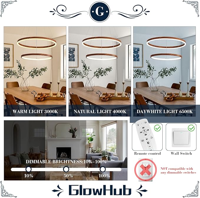 LED Chandelier for Dining Room 2 Ring LED Ceiling Hanging Light Adjustable Dimmable with Remote Modern Farmhouse Circular Wood Painted Round Pendant Light for Entryway, Bedroom, Office
