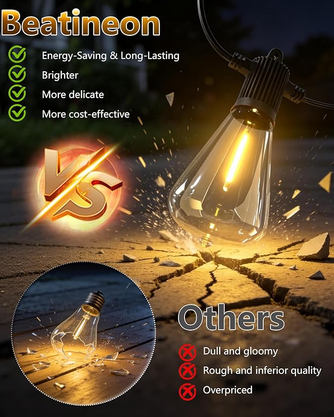 LED Outdoor String Lights 100FT, Waterproof Patio Lights with 52 (50+2 Spare ST38 Shatterproof Replaceable Bulbs), Connectable Dimmable Outside Hanging Light for Porch Garden Deck Bistro Backyard