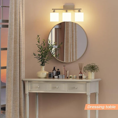 PARTPHONER Bathroom Light Fixtures, Bathroom Lighting Fixtures Over Mirror, Classic Vanity Lights, Modern Vanity Light with Textured Frosted Opal White Glass Shades, Brushed Nickel, 3-Light
