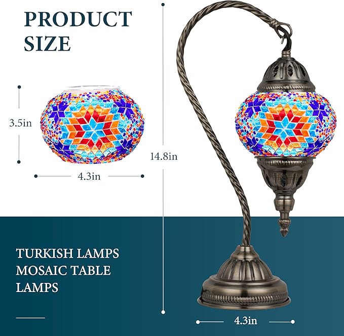 Marrakech Stained Glass Lamp Moroccan Lamps with Tiffany Style, Handmade Turkish Mosaic Lamps with Swan Neck Bronze Base Including LED Bulb for Living Room Bedroom Decor (Colorful2)