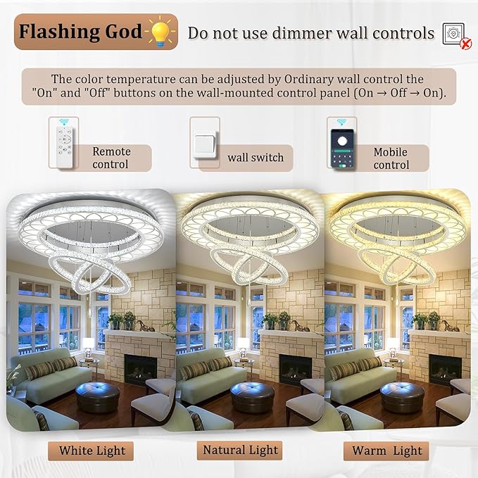 Flashing God Extra Large Chandelier Dia 55" Chrome Chandeliers Flush Mount Chandelier for Living Room Bedroom Dining Room Hallway Dimmable 3 Rings Ceiling Chandeliers