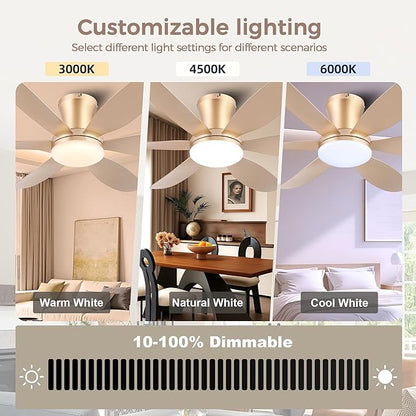 GJeg Ceiling Fans with Lights,42" Low Profile Ceiling Fan with Light and Remote Control,Flush Mount, Reversible, Dimmable, Noiseless,Gold Ceiling Fan for Bedroom