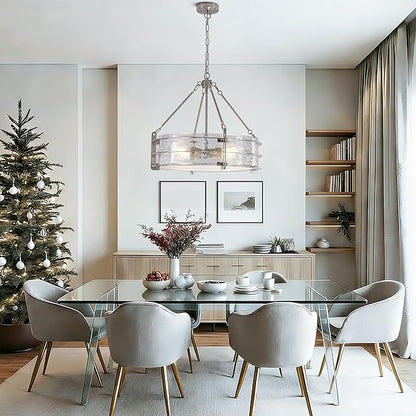 Modern Chandeliers for Dining Room, 20" Brushed Nickel Textured Glass Chandelier Luxury Light Fixture Drum Hanging Lighting for Dining Room Kitchen Island Living Room Hallway Bedroom