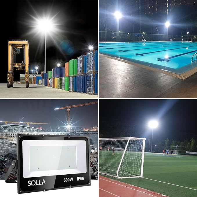 SOLLA 600W LED Flood Light Outdoor, 60000lm 6000K Daylight White, 3060W Equivalent Super Bright LED Arena Light IP66 Waterproof Commercial Lighting for Sports Fields,Counts,Stadium 110-265V
