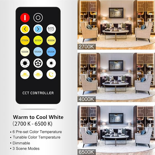 CCT COB LED Strip Lights Tunable White, 16.4ft Dimmable 2700K-6500K 24V Tunable White LED Strip Lights Set, High Density led Strips CRI 90+ UL-Listed Power Supply,for Bedroom Kitchen Home DIY Lighting