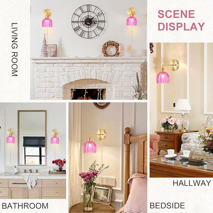 Plug in Wall Sconces Set of 2, Vintage Wall Sconce Light with Tulip Ruby Red Glass Lampshade, Bedroom Wall Sconce with Switch and Plug in wall lamp Cord, Gold Wall Light Wall Decor Set of 2