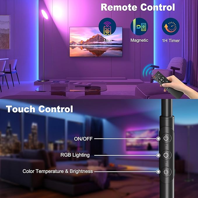 Yikuneng RGB Torchiere Floor Lamps for Living Room, 3600LM 36W Bright LED Standing Lamp with Remote, Modern Color Changing Tall Lamp with Stepless Dimming, 69" Corner Floor Lamp for Bedroom, Office