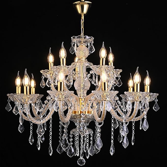 15 Light Crystal Chandelier Double Layer Flush Mount Ceiling Light Fixture with K9 Crystals for Living Room Dining Room Bedroom Luxury Hanging Lamp Lighting Fixtures