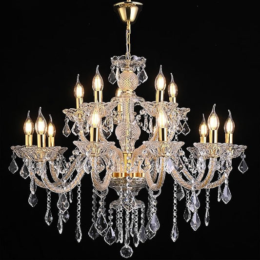 15 Light Crystal Chandelier Double Layer Flush Mount Ceiling Light Fixture with K9 Crystals for Living Room Dining Room Bedroom Luxury Hanging Lamp Lighting Fixtures