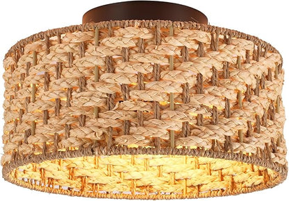 12.6-inch semi-Flush Mount Ceiling Light Fixture - 3-Light Pure Hand-Woven lamp for Dining Room