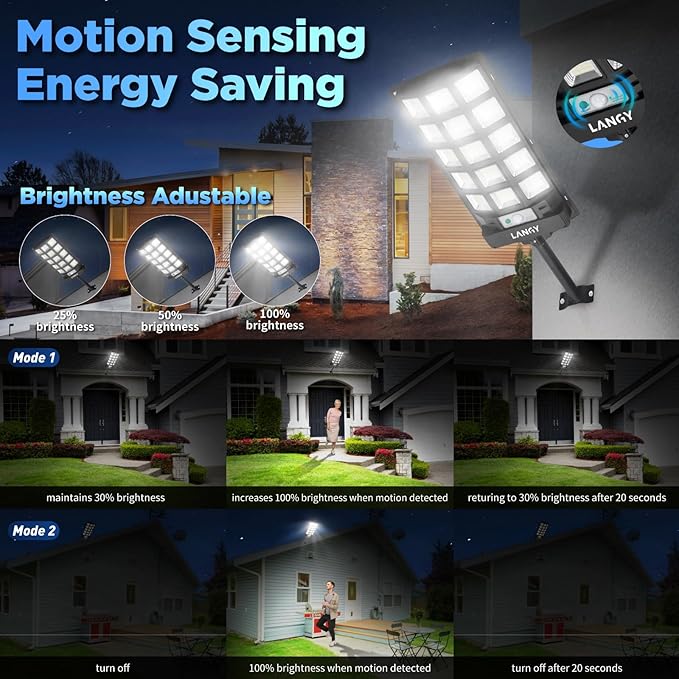 LANGY Solar Street Lights Outdoor 4 Pack, 30000LM 6500K Motion Sensor Dusk to Dawn, IP66 Waterproof LED Flood Security Lights with Remote Control for Parking Lot, Driveway, Garden, Yard