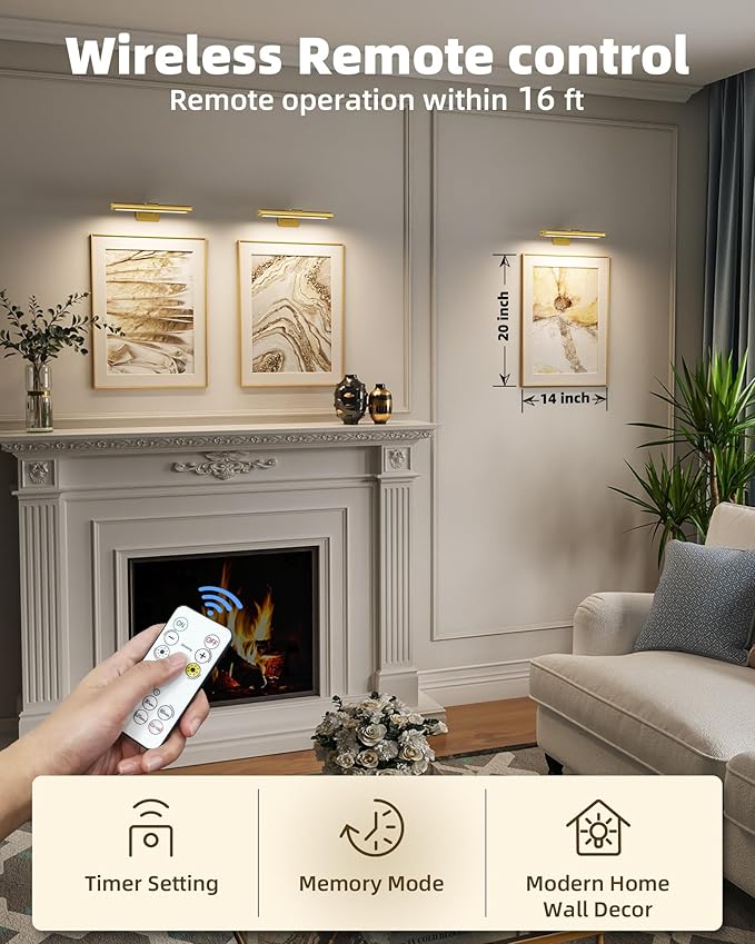 EZVALO Picture Light for Wall, Rechargeable 2400mAh Battery Lights Wireless with IR Remote, 3 Color & Dimmable Magnetic 7.87'' LED Lights Display for Painting, Living Room, Gallery, Bedroom(Gold-3P)