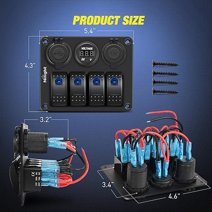 Nilight - 90117G 4 Gang Rocker Switch Panel Waterproof Pre-Wired Aluminum Switch Panel with Dual USB Cigarette Lighter Socket Voltmeter12V-24V DC ON Off Switch Panel for Cars Rvs Trucks, Blue