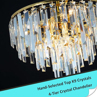 Modern Gold Crystal Chandelier, 18" Round Chandeliers for Dining Room 4-Tier 6 Lights Luxury Top K9 Crystal Ceiling Pendant Light Fixture for Foyer Bedroom Closet