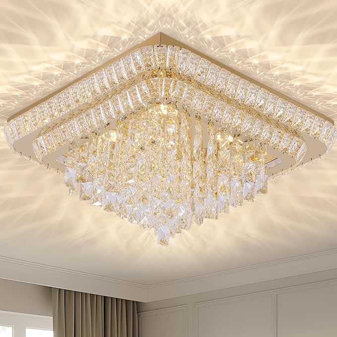 Miuyhji Elegant LED Crystal Raindrop Ceiling Light,24 Inch Square Gold Flush Mount Chandelier Light Fixture,Remote/APP, for Living Room Kitchen Dining Room Bedroom Hallway Entryway Foyer (Dimmable)