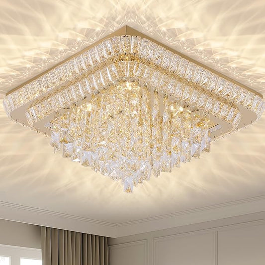 Miuyhji Elegant LED Crystal Raindrop Ceiling Light,24 Inch Square Gold Flush Mount Chandelier Light Fixture,Remote/APP, for Living Room Kitchen Dining Room Bedroom Hallway Entryway Foyer (Dimmable)