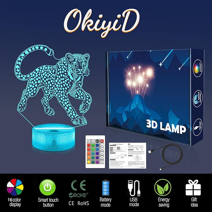 Cheetah Gifts for Boys,Cheetah 3d Night Light with 16 Colors Remote Control,Leopard lamp for Kids Room Wild Animal Themed Decor Birthday Gifts