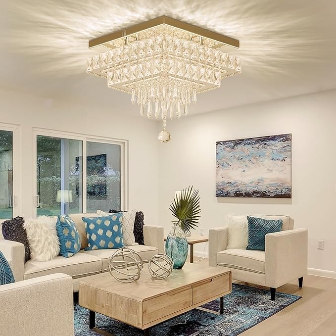 Finktonglan 13" Dimmable Crystal Ceiling Light with Remote & App, Modern Square Flush Mount Chandelier, Adjustable Brightness & 3 Color Modes, 36W for Bedroom Entryway Hallway Living Room