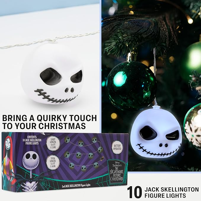 Disney The Nightmare Before Christmas LED String Lights for Kids, Teens, Adults, 10 Jack Skellington 65” Fairy Lights, Gifts for Kids (White Nightmare Before Christmas)