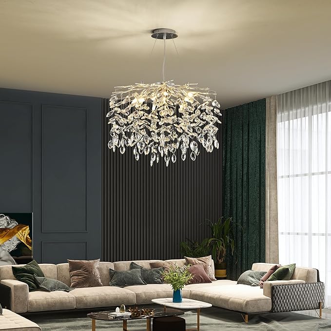 Modern Silver Crystal Tree Branch Chandelier, Art Deco Raindrop Lighting Fixture for Dining Room Living Room 9 Lights D23.7''