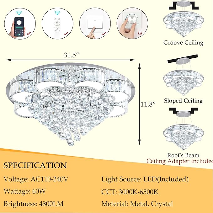31.4" Silver Modern Crystal Chandeliers for Dining Room LED Dimmable Light Fixtures Flush Mount Light Living Room Bedrooms