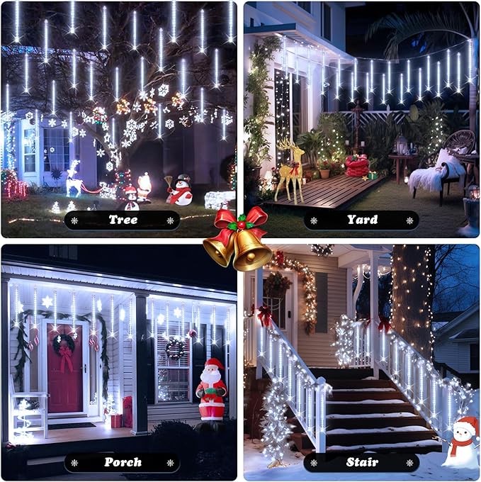 JMEXSUSS White Solar Christmas Lights, 8 Tube 144 LEDs Solar Meteor Shower Lights Outdoor, White Christmas Light for Tree Wedding Xmas Holiday Party Patio GazeboDecor