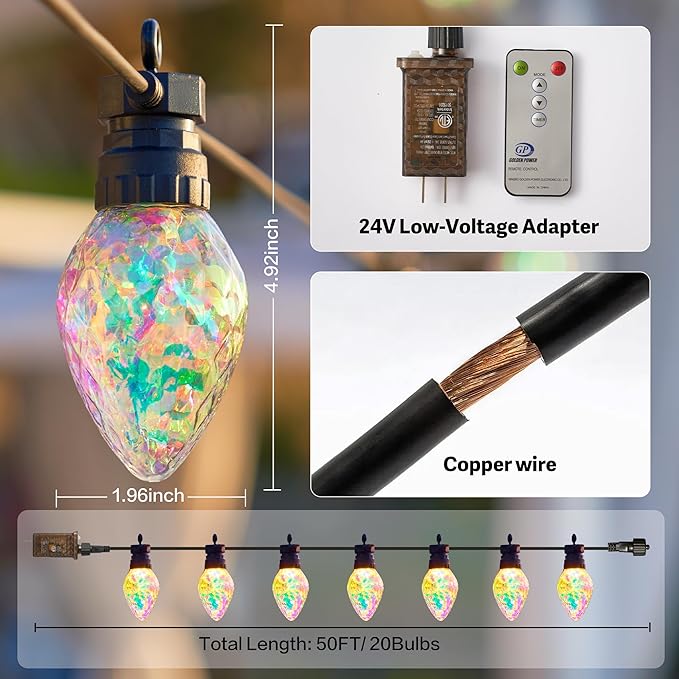 Outdoor String Lights, 50FT 20 LED Iridescent Holographic Bulbs, Waterproof Patio Lights with Remote Control, Shatterproof Connectable Lights for Backyard, Porch, Garden, and Party