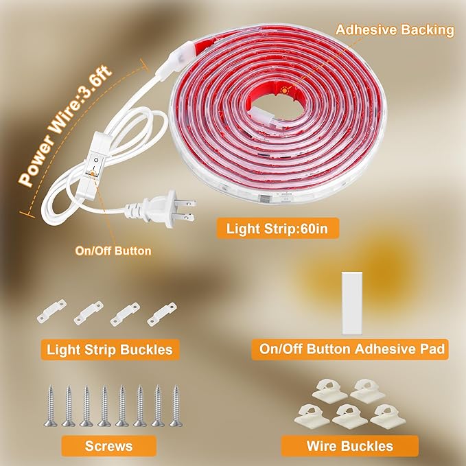 maylit Under Cabinet Strip Lighting Plug in 60in, Ultra Bright Small LED Light Bar, 2700K Warm White, Wired Lights for Kitchen Cabinet, Counter, Workbench, Desk, Closet, Shelf, Indoor